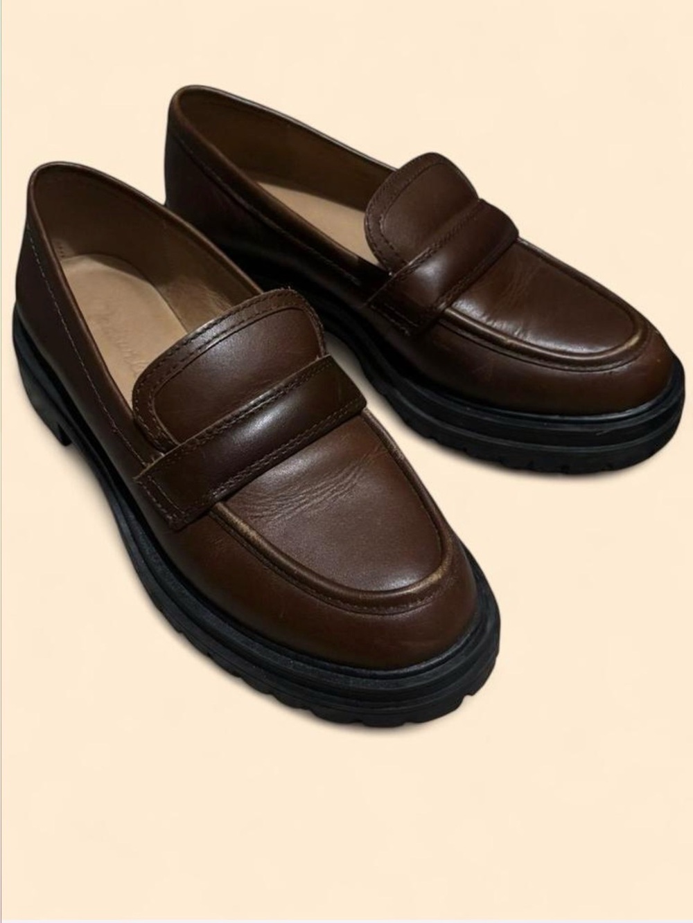 Madewell Brown Leather Penny Loafers with Black Lug Sole